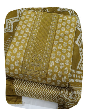 DRAVINAM Trends Women's Printed Embroidered and Hand Work Premium Cotton Jaipuri Unstitched Salwar Suit Dress Material with Mulmul Cotton Dupatta