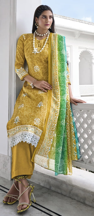 DRAVINAM Trends Women's Printed Unstitched Pure Cotton Kurti Palazzo Pants Set Material with Dupatta