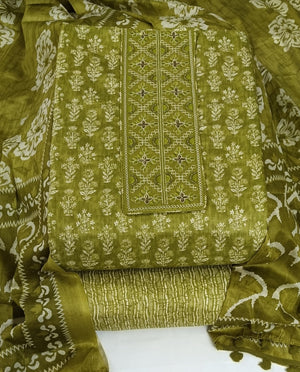 DRAVINAM Trends Women's Printed Embroidered and Hand Work Premium Cotton Jaipuri Unstitched Salwar Suit Dress Material with Mulmul Cotton Dupatta