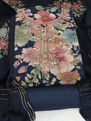 DRAVINAM Trends Women's Modal Floral Printed Unstitched Suit Set with Embroidered Neck Yoke, Malai Cotton Bottom & Soft Silk Dupatta
