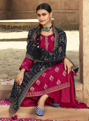 DRAVINAM Trends Women's Pure Banarasi Silk Jacquard Sequence embroidered Unstitched Salwar Suit Dress material with Chinon Silk Sequence and Embroidered Heavy Dupatta (Free size_Blue)