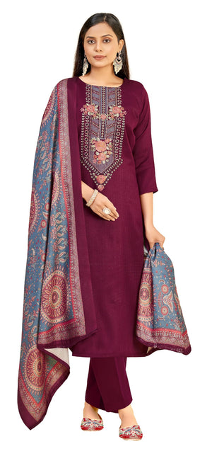 DRAVINAM Trends Women's Unstitched Winter Wear Woollen Pashmina Embroidered Salwar Suit Dress Material with Pashmina Printed Shawl Dupatta