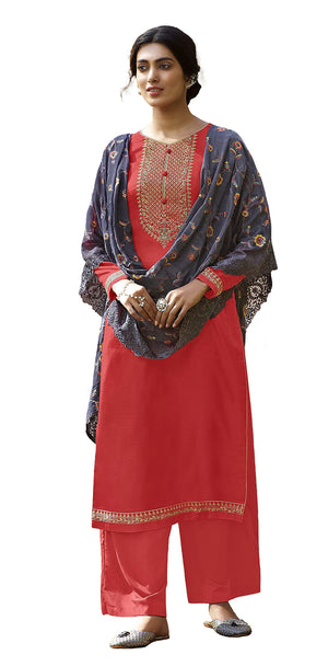 DRAVINAM Trends Women's Pure Tassar Silk Embroidered Palazzo Suit Pakistani Dress Material with Chinon Chiffon Heavy Embroidered and Cutwork Dupatta (Beige Grey and Peach)
