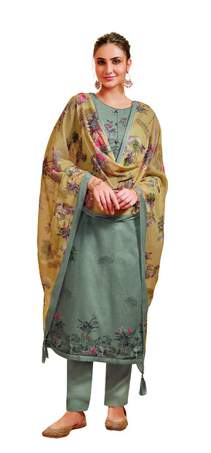 DRAVINAM Trends Women's Unstitched Pure Lawn Digital Printed Placement Embroidered Cotton Salwar Suit Dress Material with Mal Mal Cotton Digital Printed Dupatta (Parrot Green)