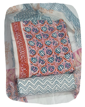 DRAVINAM Trends Hand Block Print Cambric Cotton Unstitched Salwar Suit Set for Women with Pure Chiffon Hand Printed Dupatta
