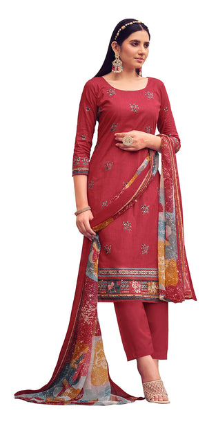 DRAVINAM Trends Unstitched Printed Mirror Work Cotton Salwar Suits Dress Material with Chiffon Dupatta (Green)