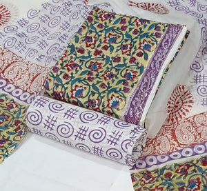 DRAVINAM Trends Hand Block Print Sanganeri Cambric Unstitched Cotton Suit Dress Material for Women with Mulmul Cotton Hand Printed Dupatta