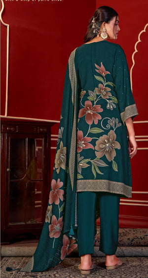 DRAVINAM Trends Women's Winter Wear Unstitched Digital Floral Printed Embroidered Viscose Pashmina Woollen Salwar Suit Dress Material with Pashmina Digital Printed Brasso Shawl Dupatta