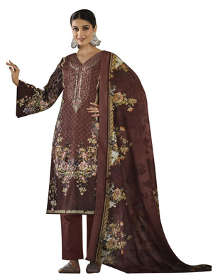 DRAVINAM Trends Women's Stitched Digital Style Print Embroidered Pure Cotton Kurta Pant Suit Set II Solid Pants II Printed Malmal Dupatta (XL / 42)