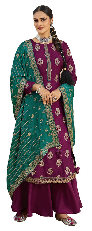 DRAVINAM Trends Women's Pure Banarasi Silk Jacquard Sequence embroidered Unstitched Salwar Suit Dress material with Chinon Silk Sequence and Embroidered Heavy Dupatta (Free size_Blue)