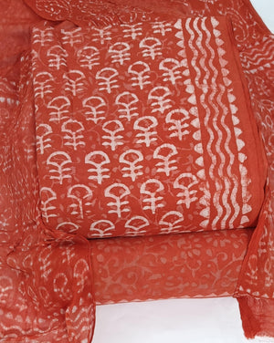 DRAVINAM Trends Hand Block Print Cambric Cotton Unstitched Salwar Suit Set for Women with Pure Chiffon Hand Printed Dupatta