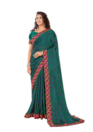 DRAVINAM Trends Women's Pure bright georgette Bandhani Print saree with Lace Borders and Solid Blouse Piece (Blue)