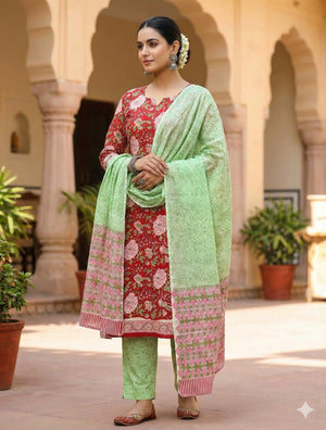 DRAVINAM Trends Hand Block Print Sanganeri Cambric Unstitched Cotton Suit Dress Material for Women with Mulmul Cotton Hand Printed Dupatta