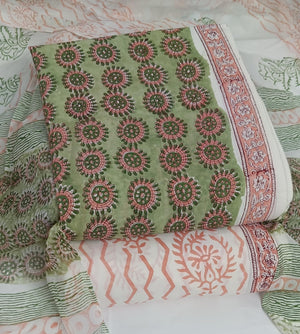 DRAVINAM Trends Hand Block Print Cambric Cotton Unstitched Salwar Suit Set for Women with Pure Chiffon Hand Printed Dupatta