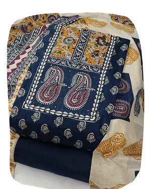 DRAVINAM Trends Women's Unstitched Cambric Cotton Dress Material Salwar Suit Set with Dupatta | Geometric Batik Print & Embellished Neckline (Multicolor)