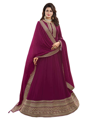 DRAVINAM Trends Women's Pure Georgette Heavy Zari Embroidered Anarkali Unstitched Suit Gown material with Georgette Embroidered and Swaroski work Dupatta (Free Size_Pinkish Red)