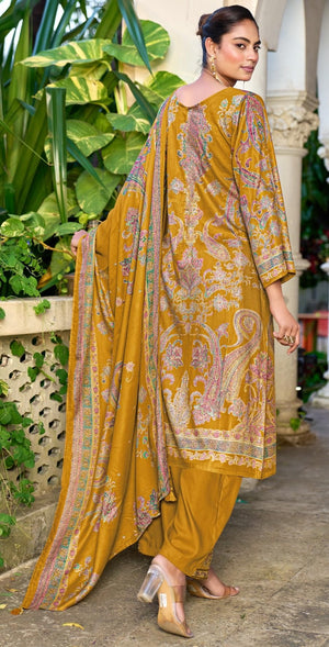 DRAVINAM Trends Women's Winter Wear Unstitched Digital Kashmiri Printed Viscose Pashmina Woollen Salwar Suit Dress Material with Khatli Work and Foil touchup and Pashmina Printed Shawl Dupatta