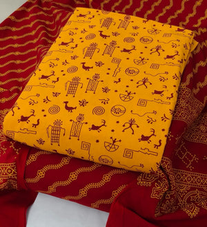 DRAVINAM Trends Women's Premium Cotton Unstitched Salwar Suit Dress Material Set | Traditional Rajasthani Gujari Block Print (Red & Mustard Yellow)