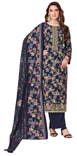 DRAVINAM Trends Pure Viscose Rayon Cotton Discharge Foil Printed Fancy Embroidered Suit Dress Material with Unstitched Bottoms and Cotton Silk Printed Dupatta