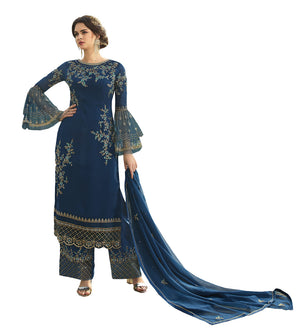 DRAVINAM Trends Women's Faux Georgette Semi Stitched Top With Unstitched Santoon Bottom and Net Dupatta Embroidered Straight Kurta Dress Material (Kurta Set)
