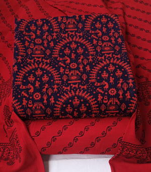 DRAVINAM Trends Women's Premium Cotton Unstitched Salwar Suit Dress Material Set | Traditional Rajasthani Gujari Block Print (Red & Mustard Yellow)