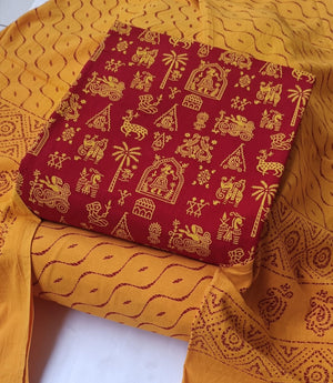DRAVINAM Trends Women's Premium Cotton Unstitched Salwar Suit Dress Material Set | Traditional Rajasthani Gujari Block Print (Red & Mustard Yellow)