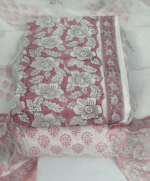 DRAVINAM Trends Hand Block Print Pure Cambric Cotton Unstitched Suit Material with Chiffon Hand Printed Dupatta