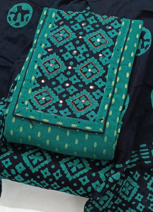 DRAVINAM Trends Women's Unstitched Cambric Cotton Dress Material Salwar Suit Set with Dupatta | Geometric Batik Print & Embellished Neckline (Multicolor)