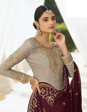 DRAVINAM Trends Women's Heavy Embroidered Pure Georgette Sharara Salwar Suit Dress Material with Heavy Embroidered Pure Georgette Dupatta (Free size_Maroonish red)