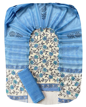 DRAVINAM Trends Hand Block Print Sanganeri Cambric Unstitched Cotton Suit Dress Material for Women with Mulmul Cotton Hand Printed Dupatta