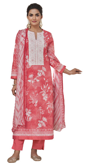 DRAVINAM Trends Women's Unstitched Digital Print Schiffli Chicken Work Pure Cotton Cambric Salwar Suit Dress Material with Digital Printed Bamber Half Pure Dupatta (Pink)