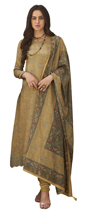 DRAVINAM Trends Women's Unstitched digital Print Pure Woollen Pashmina Hand Embroidered Salwar Suit Dress Material with digital printed woolen shawl dupatta (Yellow)