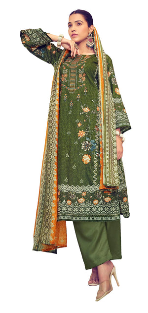 DRAVINAM Trends Unstitched Pakistani Print Embroidered Cotton Suit Dress Materials with Printed Cotton Dupatta