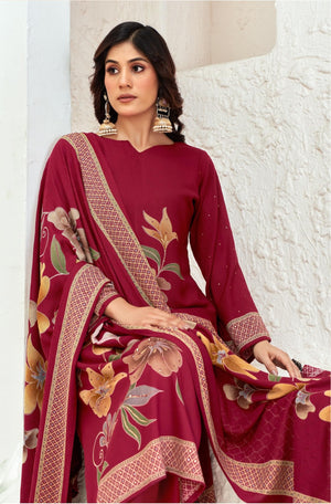DRAVINAM Trends Complete Unstitch Pashmina Suit Set: Pure Viscose Pashmina Foil Print Top with Fancy Embroidery (2.5 m) II Solid Bottoms (2.8 m) II Digital Print Shawl Dupatta (2.25 m)