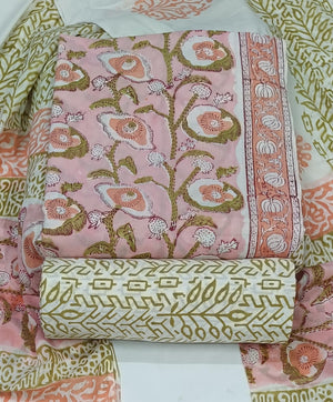 DRAVINAM Trends Hand Block Print Sanganeri Cambric Unstitched Cotton Suit Dress Material for Women with Mulmul Cotton Hand Printed Dupatta