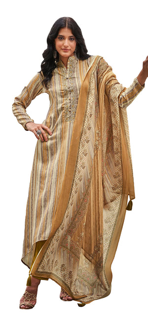 DRAVINAM Trends Women's Pure Pashmina wool Digital Print Fancy Embroidery Work Warm Salwar Kameez Dress Material with Pure Woollen Pashmina Printed Woven Shawl Dupatta (Beige)