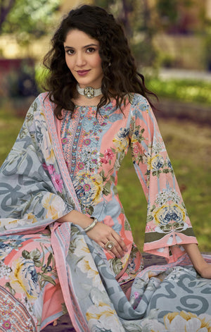 DRAVINAM Trends Women's Pure Cotton Digital Printed Suit with Exclusive Heavy Self-Embroidery Neck & Organza Daman Embroidery | Mal Mal Cotton Printed Dupatta & Bottom – Ready to Wear (OLIVE, XXL)