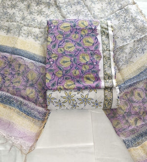 DRAVINAM Trends Sanganeri Hand Block Print Pure Cambric Unstitched Cotton Suit Dress Material with Kota Doriya Hand Printed Dupatta