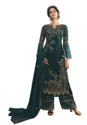 DRAVINAM Trends Women's Faux Georgette Semi Stitched Top With Unstitched Santoon Bottom and Net Dupatta Embroidered Straight Kurta Dress Material (Kurta Set)