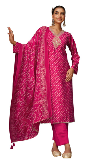 DRAVINAM Trends Women's Unstitched Silk Suit - Modal Silk Discharge Foil Print with Coding Embroidery Top || Solid Bottoms II Modal Silk Discharge Foil Print And Tussle Dupatta