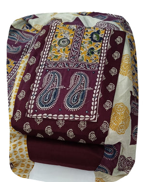 DRAVINAM Trends Women's Unstitched Cambric Cotton Dress Material Salwar Suit Set with Dupatta | Geometric Batik Print & Embellished Neckline (Multicolor)