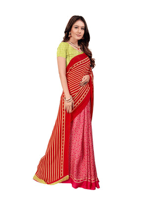 DRAVINAM Trends Women's Soft Printed Mul Mul Satin Saree with Blouse Piece (Red and Green)