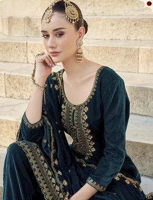 DRAVINAM Trends Women's Unstitched Premium Velvet Embroidered Salwar Suit Dress Material With Dupatta and Unstitch Bottoms