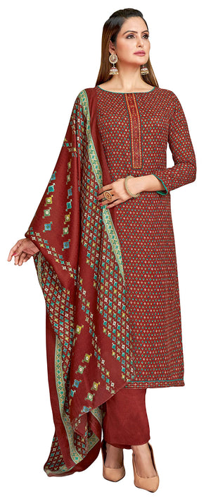 DRAVINAM Trends Women's Unstitched dobby Print Woollen Pashmina Salwar Suit Dress Material with Embroiderywork and Pashmina Printed Shawl Dupatta (Free Size_Green)