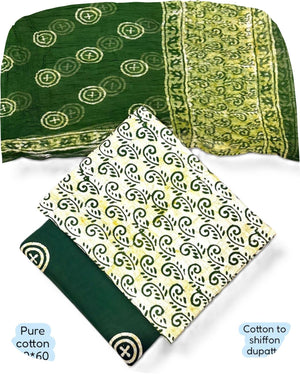 DRAVINAM Trends Unstitched Jaipuri Handmade Wax Batik Print Soft Cotton Dress Material with Chiffon Dupatta