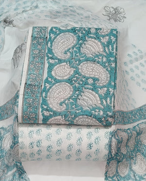 DRAVINAM Trends Hand Block Print Cambric Cotton Unstitched Salwar Suit Set for Women with Pure Chiffon Hand Printed Dupatta