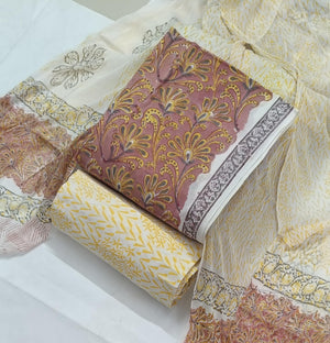 DRAVINAM Trends Hand Block Print Cambric Cotton Unstitched Salwar Suit Set for Women with Pure Chiffon Hand Printed Dupatta