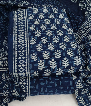 DRAVINAM Trends Hand Block Print Sanganeri Cambric Unstitched Cotton Suit Dress Material for Women with Mulmul Cotton Hand Printed Dupatta