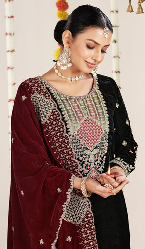 DRAVINAM Trends Women's Unstitch Premium Velvet Fancy Embroidery Winter Wear Salwar Suit Material With Unstitch Bottoms and Piping Dupatta