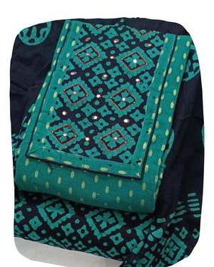 DRAVINAM Trends Women's Unstitched Cambric Cotton Dress Material Salwar Suit Set with Dupatta | Geometric Batik Print & Embellished Neckline (Multicolor)